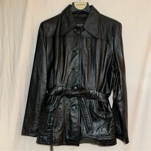 Wilsons Genuine Leather Designer Button Up Mid-Length Belted Jacket Coat Pockets